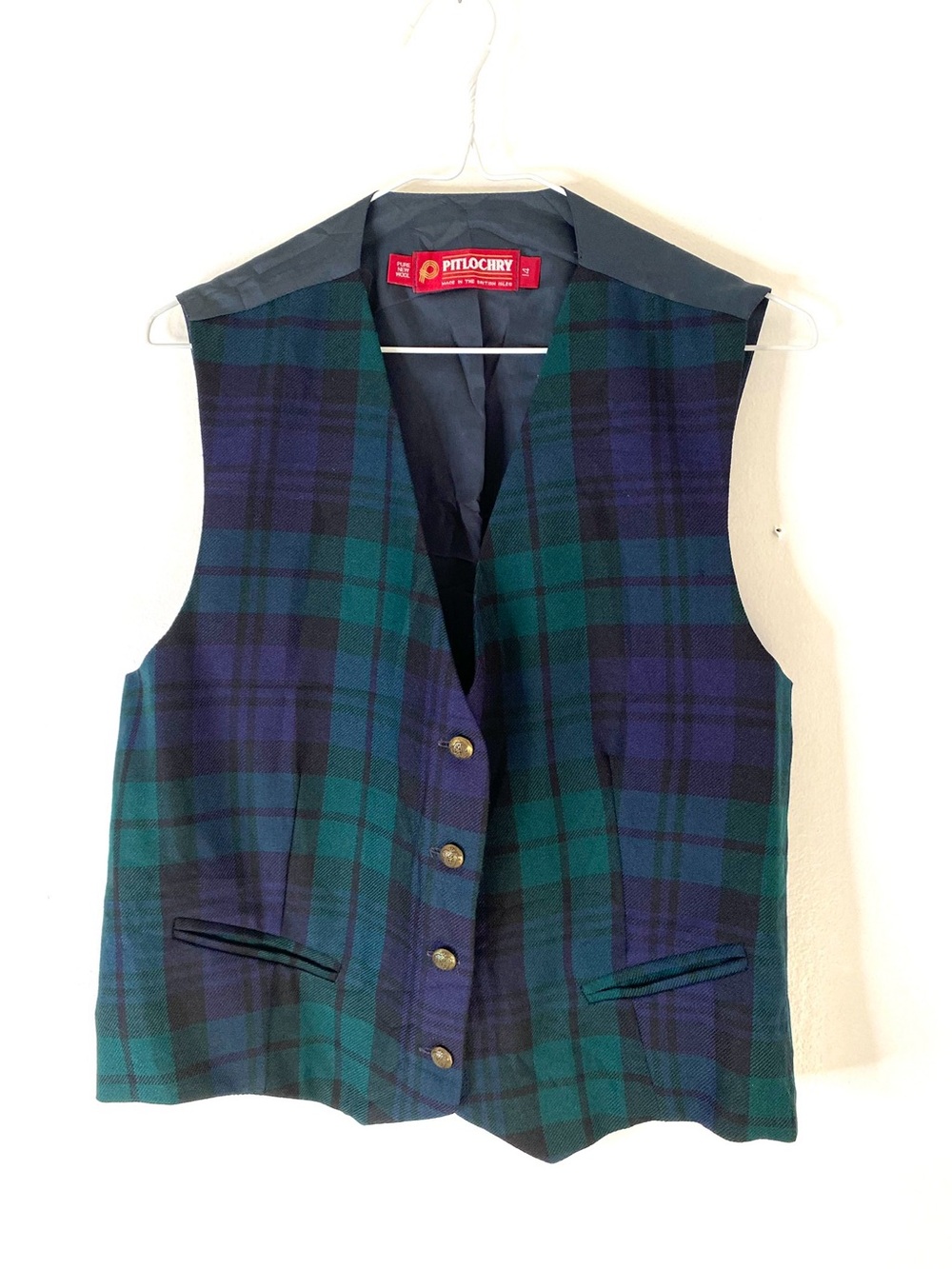 Vintage Pitlochry Black Watch Tartan Pure Wool Waistcoat Vest Made British Isles
